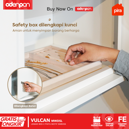 PIRA - VULCAN Lemari Pakaian / Baju 2 Pintu Besi Sliding Motif 3D Emboss Dengan Cermin