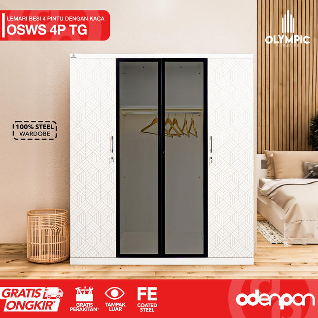 OLYMSTEEL - OSWS 4P TG Lemari Pakaian Baju 4 Pintu Kaca Tempered Glass Swing
