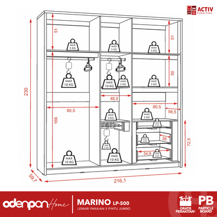 ACTIV AVANTI - MARINO LP 500 Lemari Pakaian / Baju 5 Pintu Jumbo Dengan Cermin