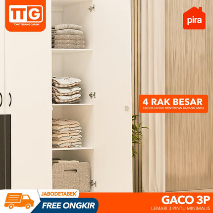 PIRA - GACO 3P Lemari Pakaian / Baju 3 Pintu Gantungan Gamis Dengan Cermin