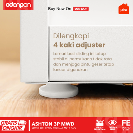 PIRA - ASHTON 3P Lemari Pakaian Baju 3 Pintu Besi Pintu Swing Motif Kayu