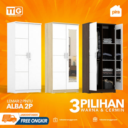 PIRA - ALBA 2P Lemari Pakaian / Baju 2 Pintu Minimalis Dengan Cermin