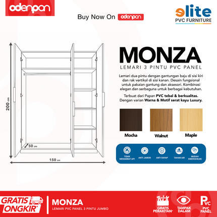 ELITE PVC - MONZA Lemari UPVC 3 Pintu Swing Jumbo Motif Kayu