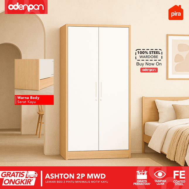 PIRA - ASHTON 2P Lemari Pakaian Baju 2 Pintu Besi Pintu Swing Motif Kayu