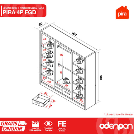 PIRA - 4P FGD Lemari Pakaian Baju 4 Pintu Besi 2 Laci Minimalis Jumbo Dengan Kaca & Lampu LED