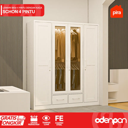 PIRA - 4P FGD Lemari Pakaian Baju 4 Pintu Besi 2 Laci Minimalis Jumbo Dengan Kaca & Lampu LED