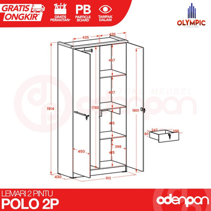 OLYMPIC - POLO 2P Lemari Pakaian / Baju 2 Pintu Jumbo Dengan Cermin