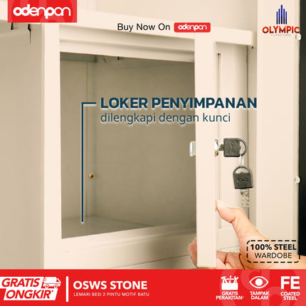 OLYMSTEEL - OSWS STONE Lemari Pakaian Baju 2 Pintu Besi Sliding Motif Batu