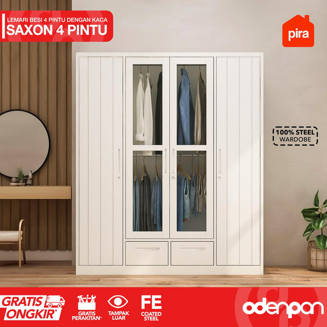 PIRA - 4P FGD Lemari Pakaian Baju 4 Pintu Besi 2 Laci Minimalis Jumbo Dengan Kaca & Lampu LED