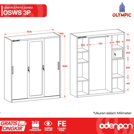 OLYMSTEEL - OSWS 3P Lemari Pakaian Baju 3 Pintu Besi Jumbo Dengan Cermin