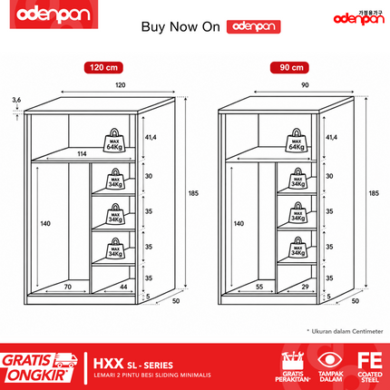 ODENPAN - HXX SL  Lemari Pakaian / Baju 2 Pintu Besi Sliding Dengan Cermin Minimalis