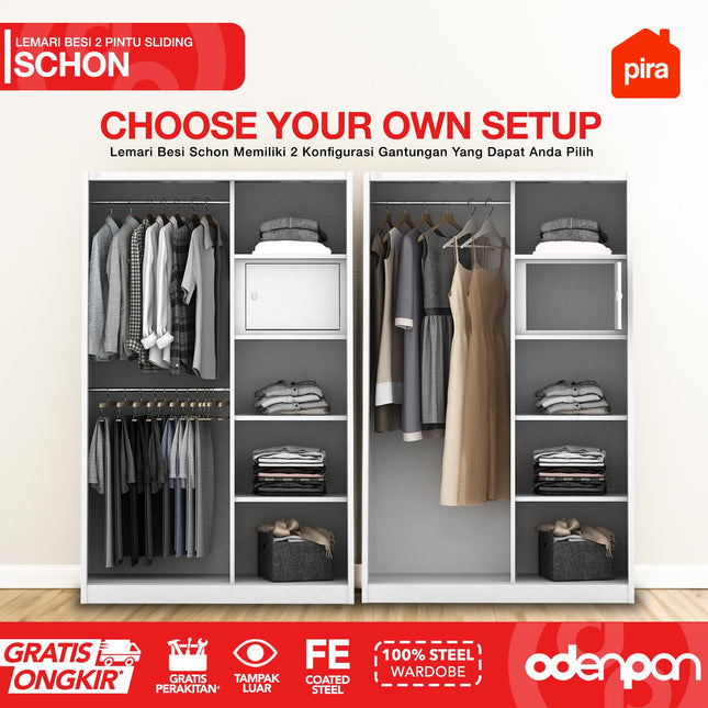PIRA - SCHON Lemari Pakaian Baju 2 Pintu Besi Sliding Dengan Cermin