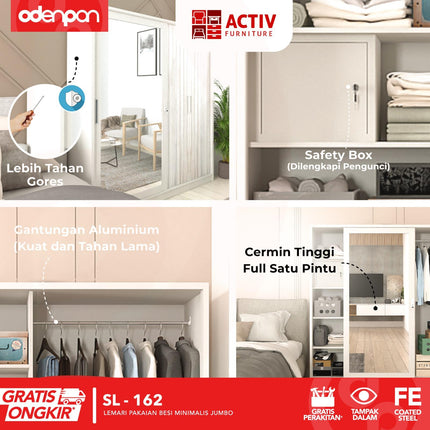ACTIV FORTE - SL 162A Lemari Pakaian / Baju 3 Pintu Besi Sliding Jumbo Pintu Swing & Sliding