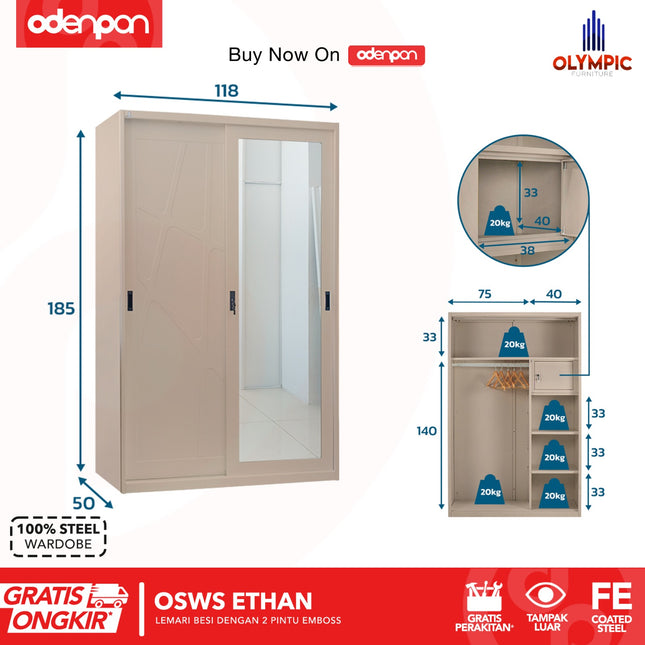 OLYMSTEEL - OSWS ETHAN Lemari Pakaian Baju 2 Pintu Besi Sliding Pintu 3D Emboss