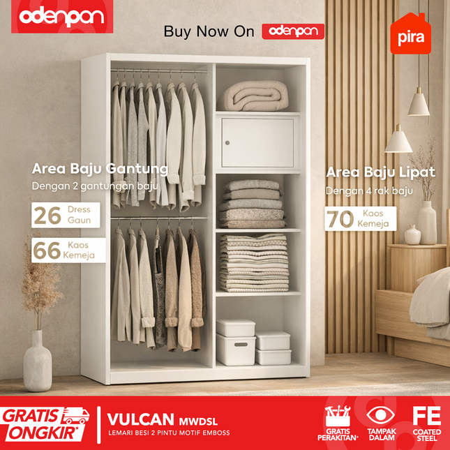 PIRA - VULCAN Lemari Pakaian / Baju 2 Pintu Besi Sliding Motif 3D Emboss Dengan Cermin