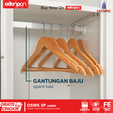 OLYMSTEEL - OSWS 3P Lemari Pakaian Baju 3 Pintu Besi Jumbo Dengan Cermin