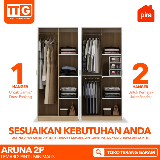 PIRA OX - ARUNA 2P Lemari Pakaian / Baju 2 Pintu Minimalis 2 Gantungan