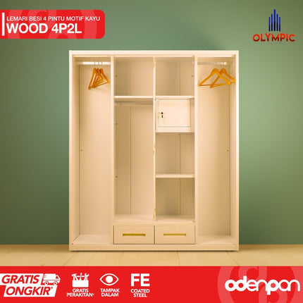 OLYMSTEEL - OSWS 4P2L WOOD Lemari Pakaian Baju 4 Pintu Besi 2 Laci Motif Kayu