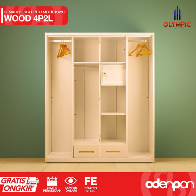 OLYMSTEEL - OSWS 4P2L WOOD Lemari Pakaian Baju 4 Pintu Besi 2 Laci Motif Kayu