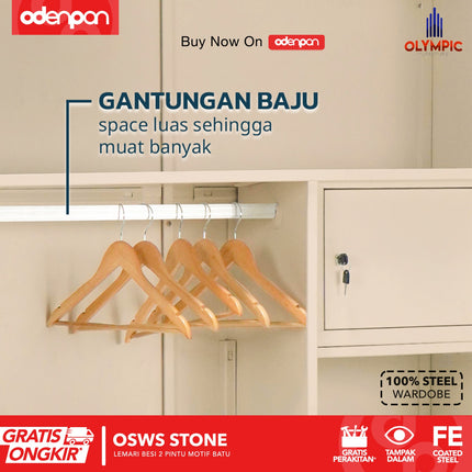 OLYMSTEEL - OSWS STONE Lemari Pakaian Baju 2 Pintu Besi Sliding Motif Batu