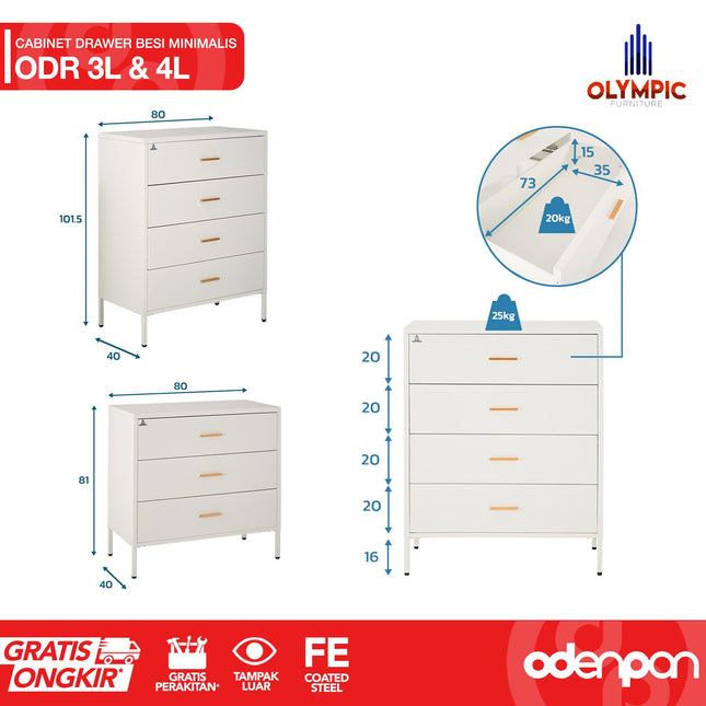 OLYMSTEEL - ODR 001 Drawer Cabinet Besi Dengan 3 & 4 Laci Susun