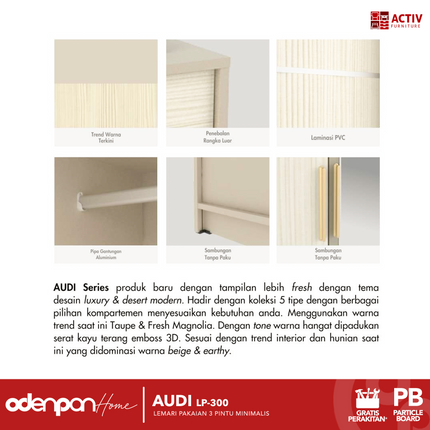 ACTIV CREATIV - AUDI LP 300 Lemari Pakaian / Baju 3 Pintu Dengan 2 Laci