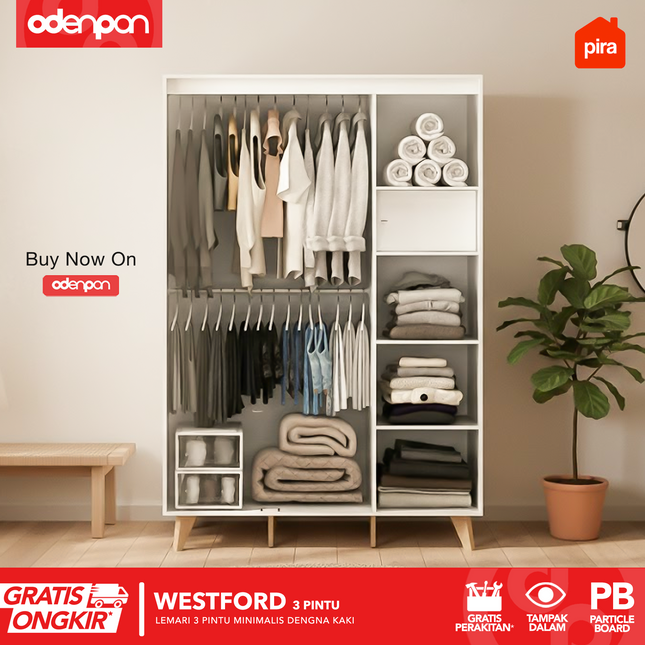 PIRA - WESTFORD 3P Lemari Pakaian / Baju 3 Pintu Gantungan Gamis Dengan Kaki