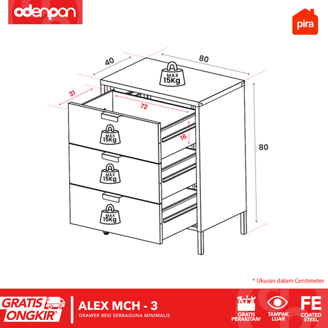 PIRA - ALEX MCH Drawer Cabinet Besi Dengan 3 Laci Susun
