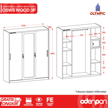 OLYMSTEEL - OSWS 3P WOOD Lemari Pakaian Baju 3 Pintu Besi Dengan Motif Kayu