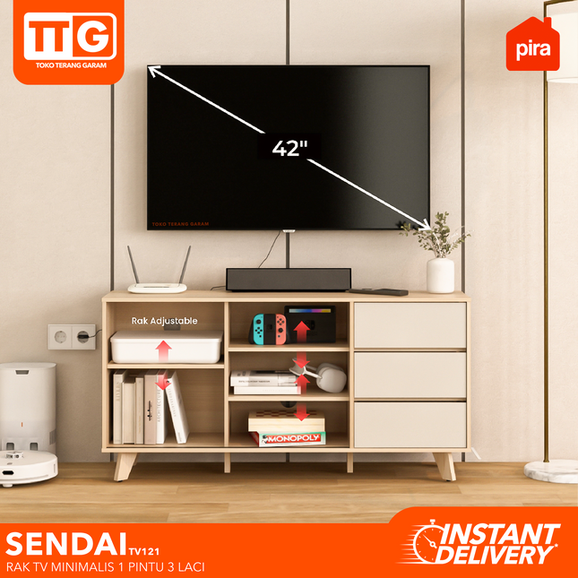PIRA  - SENDAI TV 121 Meja / Rak TV  Dengan Pintu & Laci 120 cm