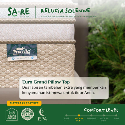 PROCELLA - SOLENNE Kasur 3 Zone Pocket Spring Bed With Camel Wool & Latex Euro Pillow Top
