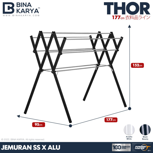 BINA KARYA - THOR Jemuran Stainless Steel Aluminium 9 Palang Jumbo Kokoh Pipa Kotak Minimalis 180 cm