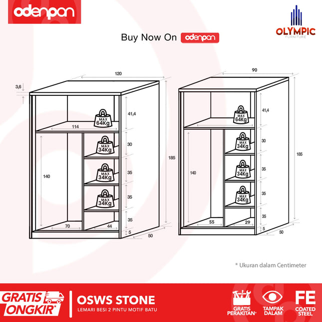OLYMSTEEL - OSWS STONE Lemari Pakaian Baju 2 Pintu Besi Sliding Motif Batu