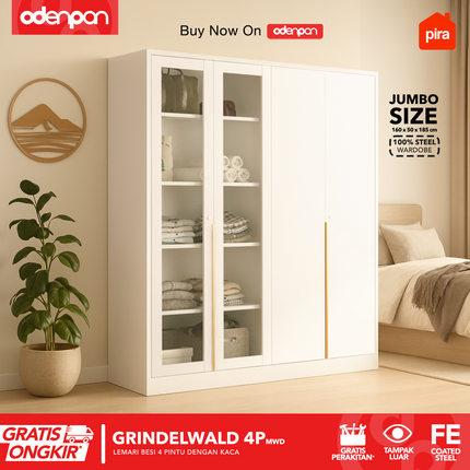 PIRA - GRINDELWALD 4P MWD Lemari Pakaian Baju 4 Pintu Besi Pintu Swing Dengan Kaca