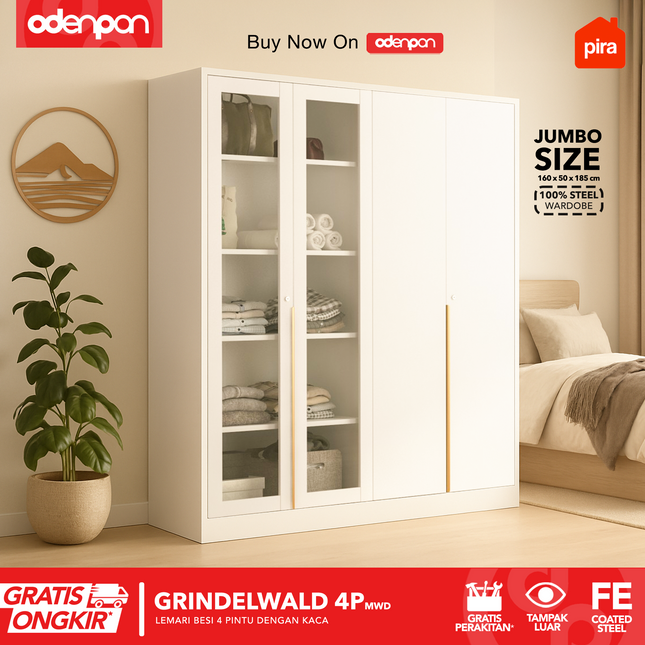 PIRA - GRINDELWALD 4P MWD Lemari Pakaian Baju 4 Pintu Besi Pintu Swing Dengan Kaca