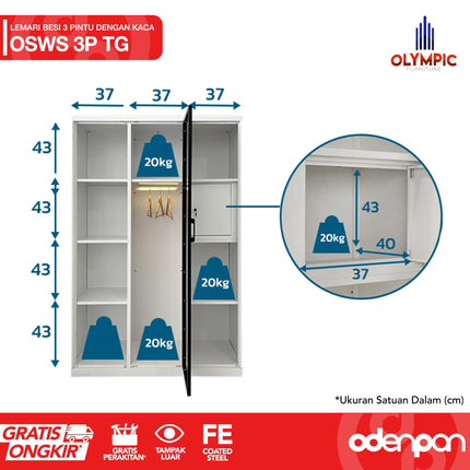 OLYMSTEEL - OSWS 3P TG Lemari Pakaian Baju 3 Pintu Kaca Tempered Glass Swing