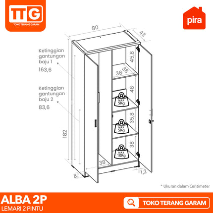 PIRA - ALBA 2P Lemari Pakaian / Baju 2 Pintu Minimalis Dengan Cermin