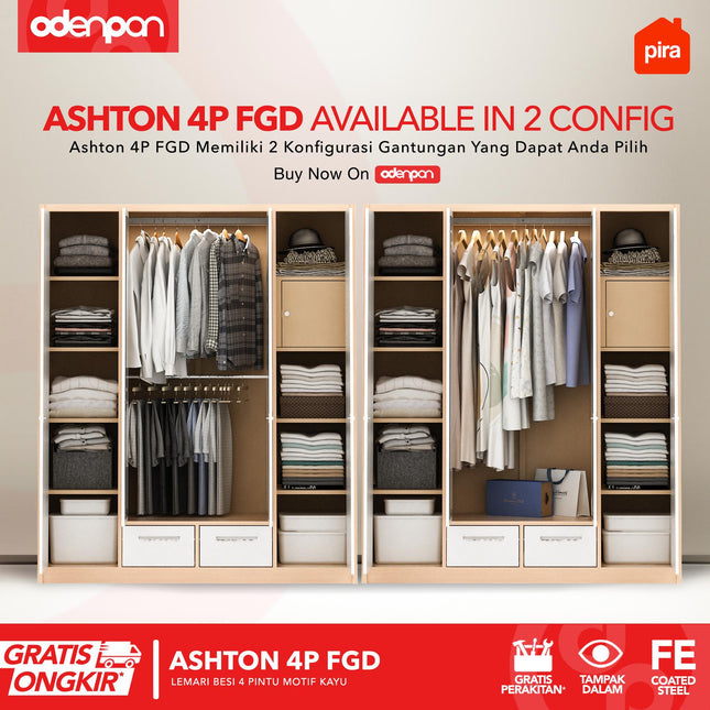 PIRA - ASHTON 4P FGD Lemari Pakaian Baju 4 Pintu Besi 2 Laci Motif Kayu Minimalis Jumbo