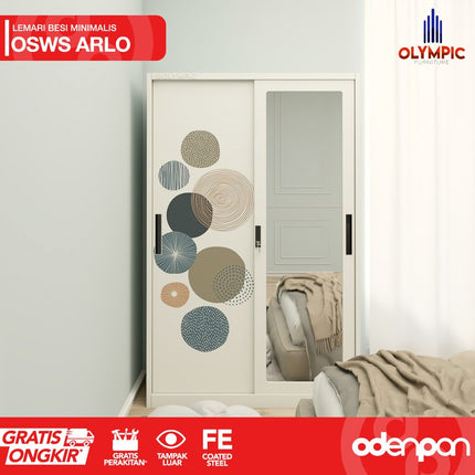 OLYMSTEEL - OSWS ARLO Lemari Pakaian Baju 2 Pintu Besi Sliding Dengan Cermin