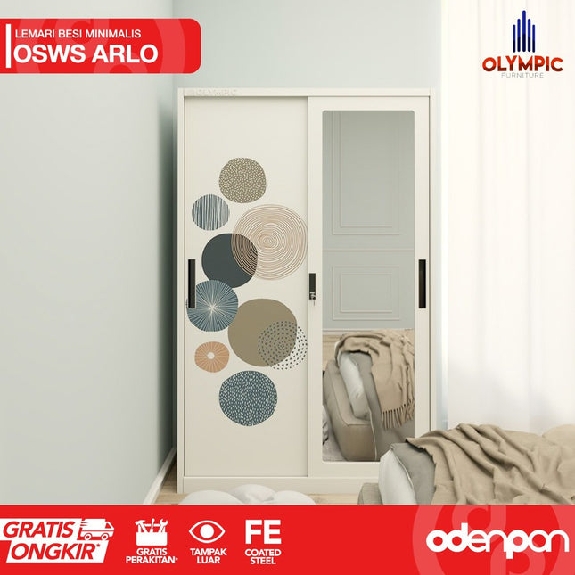 OLYMSTEEL - OSWS ARLO Lemari Pakaian Baju 2 Pintu Besi Sliding Dengan Cermin