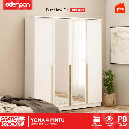 PIRA - YONA 4P Lemari Pakaian / Baju 4 Pintu Dengan Cermin