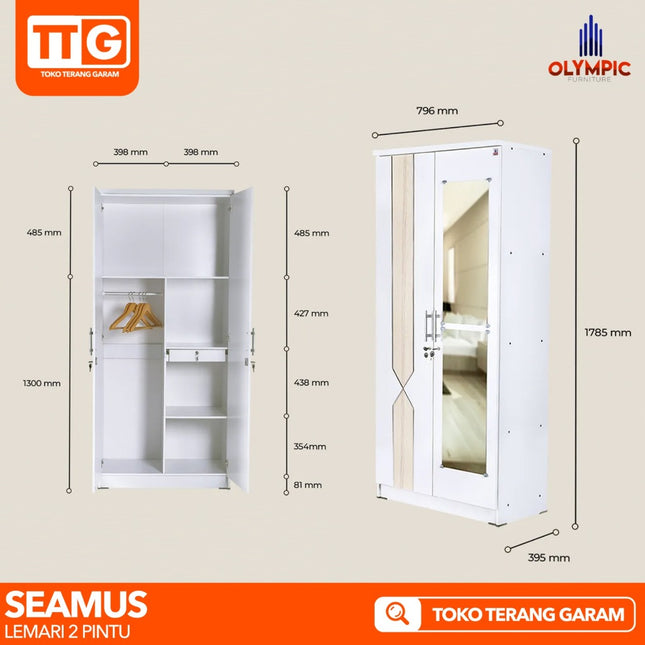 OLYMPIC - SEAMUS 2P Lemari Pakaian / Baju 2 Pintu Dengan Cermin