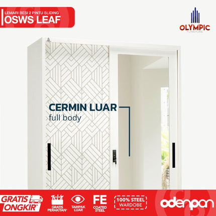 OLYMSTEEL - OSWS LEAF Lemari Pakaian Baju 2 Pintu Besi Sliding Putih Dengan Cermin