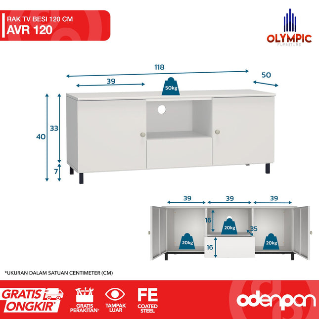 OLYMSTEEL - AVR 1L Meja TV / Rak TV / Bufet TV Besi Dengan Laci 120 cm