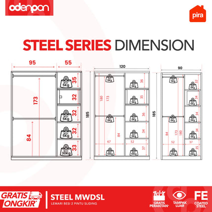 PIRA - STEEL Lemari Pakaian / Baju 2 Pintu Besi Sliding Dengan Cermin