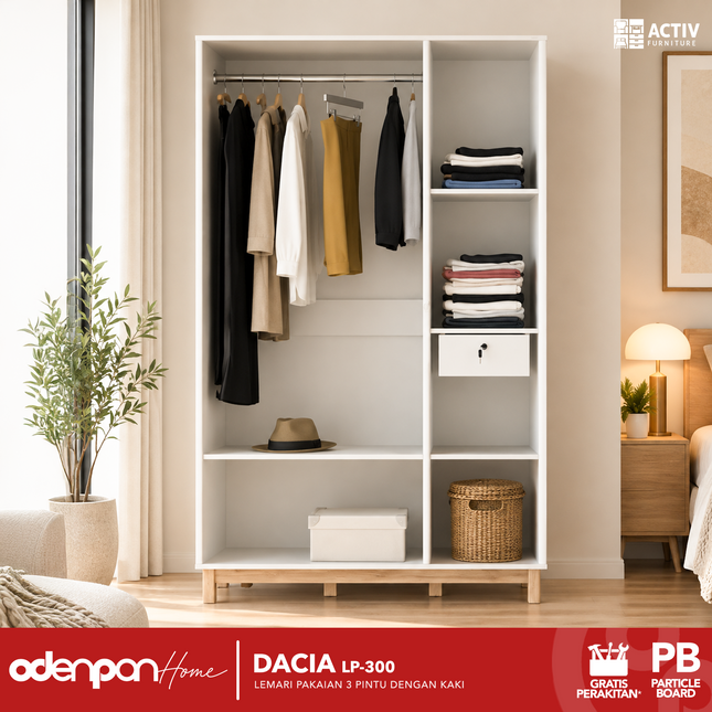 ACTIV CREATIV - DACIA LP 300 Lemari Pakaian / Baju 3 Pintu Dengan Kaki
