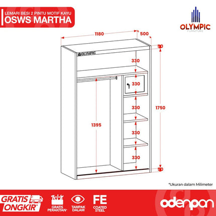 OLYMSTEEL - OSWS MARTHA Lemari Pakaian Baju 2 Pintu Besi Sliding