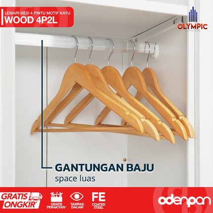 OLYMSTEEL - OSWS 4P2L WOOD Lemari Pakaian Baju 4 Pintu Besi 2 Laci Motif Kayu