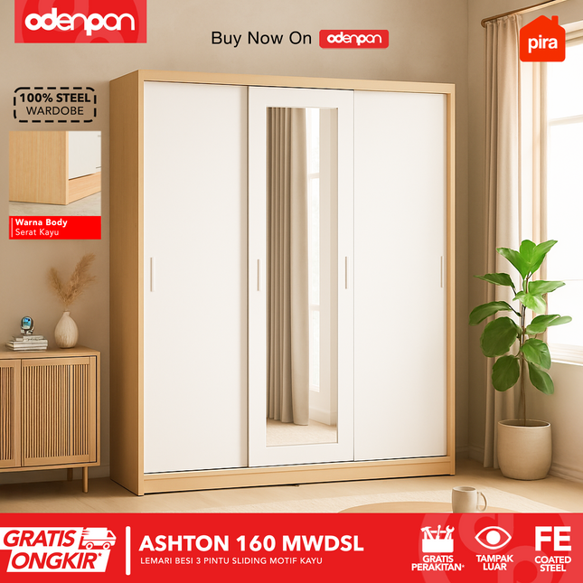 PIRA - ASHTON 160 MWDSL Lemari Pakaian / Baju 3 Pintu Besi Sliding Jumbo Dengan Cermin 160 cm