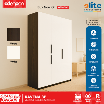 ELITE PVC - RAVENA 3P Lemari UPVC 3 Pintu Swing Motif Kayu